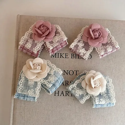 Pinza para el Pelo de Flor de Camelia de Tela Vintage Francés con Lazo de Encaje Perla Artificial para Mujer