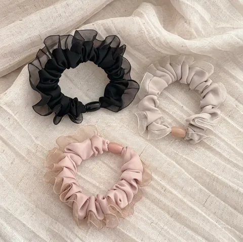 Women Elegant Mesh Organza Hair Scrunchies Double Layer Pleated Elastic Hair Ties Fashion Solid Color Ponytail Holder Jewelry