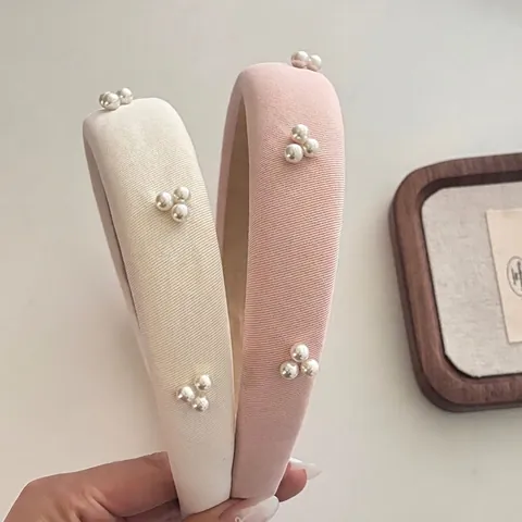 Elegante Cerchietto Imbottito in Spugna per Donna Francese Vintage Tessuto Rete Perle Artificiali Cerchietto Retro Accessori Capelli