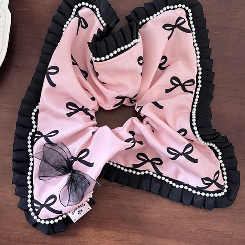 Chouchou en Satin Surdimensionné pour Femmes Style Coréen Avec Bordure en Dentelle Imprimé Ours Floral Nœud Accessoires Cheveux