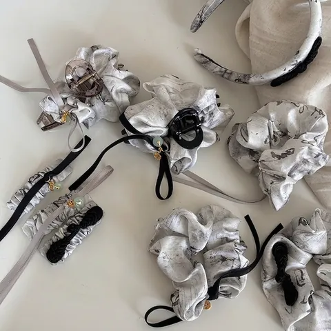 New Chinese Style Ink Wash Satin Bow Hair Clip Scrunchie Ribbon Headband With Faux Jade Pendant Vintage Women Hair Accessory