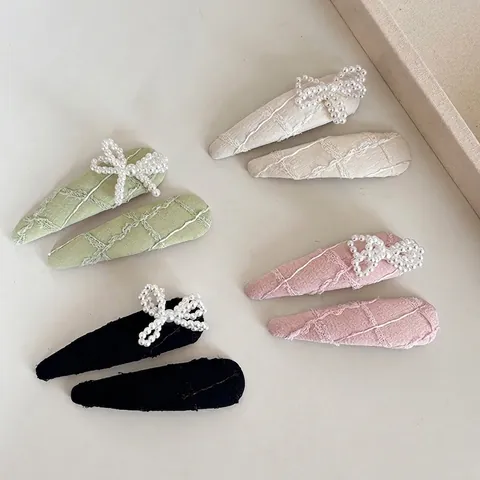 Pinzas para el Pelo de Tela Jacquard con Lazo de Perlas Artificiales Elegante Horquilla BB de Encaje Francés para Mujer Moda