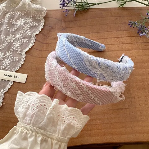 Korean Style High Skull Top Lace Plaid Headband For Women Retro Gingham Fabric Hairband Elegant Handmade Hair Accessories