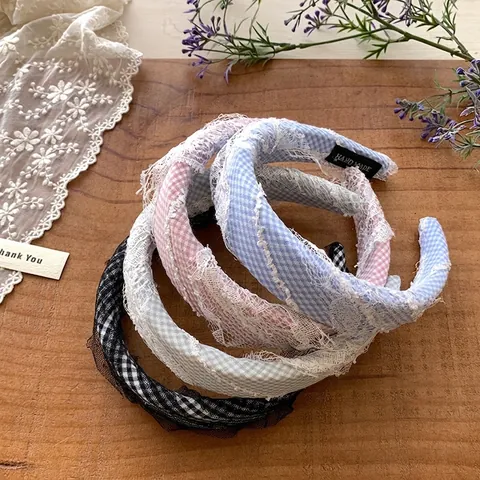 Korean Style High Skull Top Lace Plaid Headband For Women Retro Gingham Fabric Hairband Elegant Handmade Hair Accessories