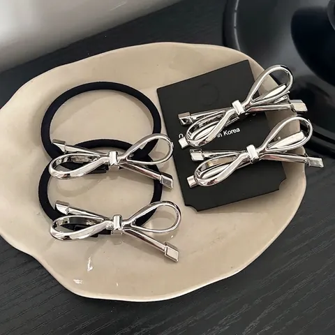 Silver Metal Bow Hair Clip And Elastic Hair Tie For Women Fashion Commute Geometric Bowknot Hair Accessories Decor
