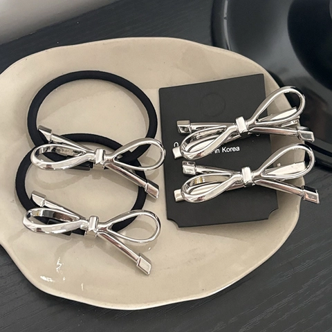 Zilveren Metalen Strik Haarclip En Elastiek Voor Dames Mode Woon-werkverkeer Geometrische Strik Haaraccessoires Decoratie