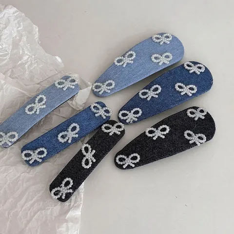 Fermagli per Capelli in Tessuto Denim Stile Coreano con Fiocco di Künstliche Perle per Donna Vintage Blu Denim Forcine per Capelli