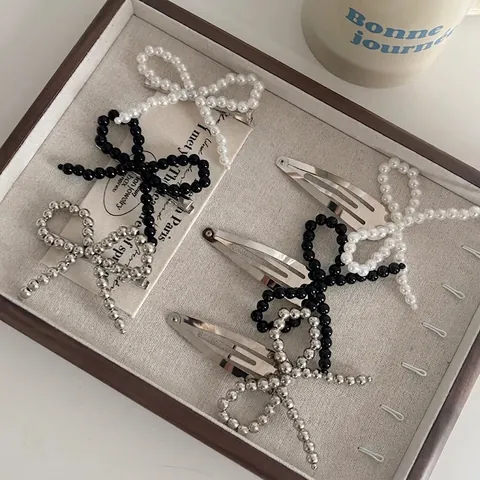 Pince à Cheveux Élégante en Métal avec Nœud et Perles pour Femmes Perle Artificielle Pince à Bec de Canard Pince BB Accessoire de Coiffure