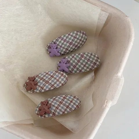 Süße Bär Karo Stoff Haarklammer Süße Koreanische Stil Harz Bär BB Clip Handgefertigte Pony Seiten Clip Für Mädchen Damen