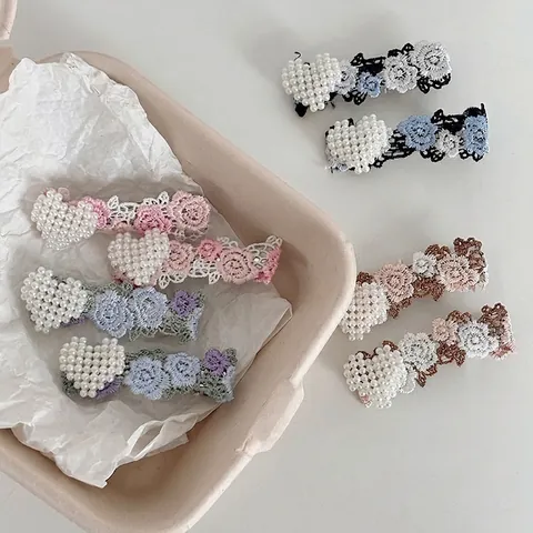 Vintage Lace Embroidered Rose Flower Hair Clip For Women Korean Sweet Artificial Pearl Heart Side Clip Hair Accessory