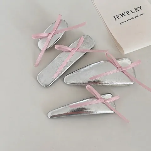 Silver Leather Bow Hair Clip For Women Pink Ribbon Handmade Geometric BB Clip Hairpin Sweet Fashion Styling Hair Accessories