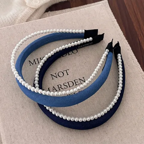 Denim Stoff Doppelstich Künstliche Perle Blau Haarband Für Damen Vintage Mode Handgefertigt Haarreif Kopfschmuck Zubehör