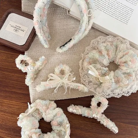 Elegant Mesh Flower Headband And Scrunchie Set Artificial Pearl Lace Bow Hair Accessories For Women Daily Sweet Hairband