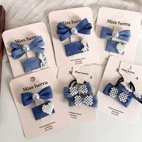 Handmade Denim Bow Hair Clip Set With Artificial Pearl Blue Fabric Bowknot Hair Ties For Women Kids Daily Accessories