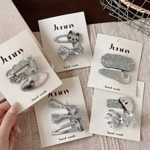 Lot de Pinces à Cheveux à Paillettes Argentées de Style Coréen pour Filles Nœud Cœur Nuage Design Pailleté BB Clips Mode Enfants Accessoires de Coiffure