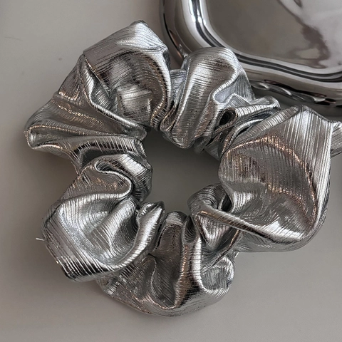 Ensemble de Chouchous et Serre-tête en Simili Cuir Métallique Fait Main Argent Noir Élastiques Cheveux Femme