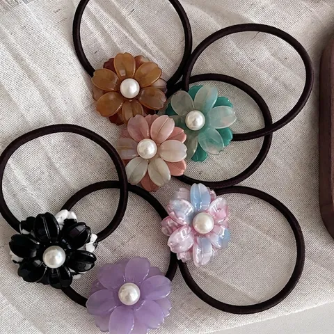 Acetat Blume Haargummi Künstliche Perle Elastisches Haarband Elegant Floral Ponytail Holder Mode Haarschmuck Damen