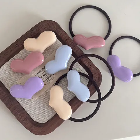 Minimalist Colorful Heart Hair Clip And Elastic Hair Tie Women Korean Style Resin Heart Shape Duckbill Clip Hair Accessories