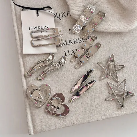 Fermagli per Capelli in Metallo Argento per Donne Ragazze Pois Colorati Cuore Stella Clip a Becco d'Anatra Accessori Capelli