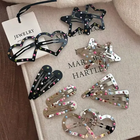 Süße Mädchen Bunte Punkte Metall Haarklammern Stern Herz Dreieck Snap BB Clip Silber Schwarz Haarschmuck Für Damen