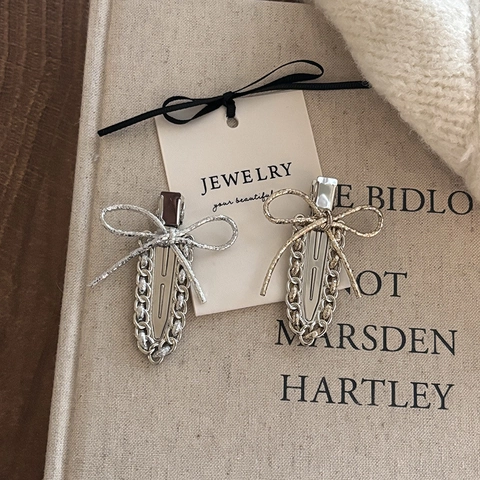 Vintage Bow Ribbon Metal Hair Clip For Women No Trace Duckbill Clip Retro Satin Ribbon Chain Edge Hairpin Styling Accessories