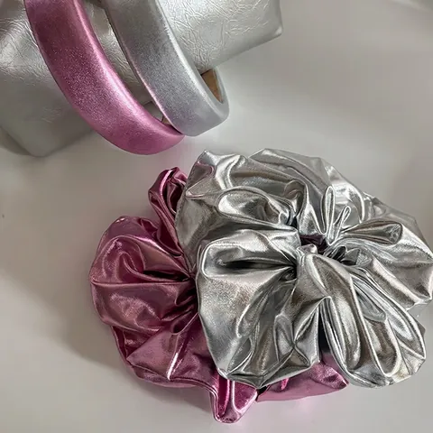 Metallic Faux Leather Padded Headband Glossy Large Scrunchie Solid Color Fashion Hair Accessories For Women Daily Office Wear