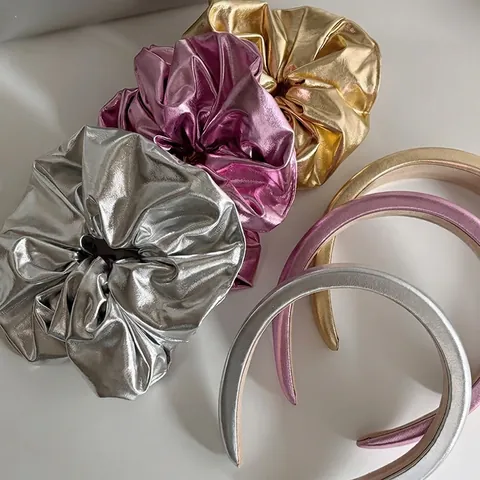Metallic Faux Leather Padded Headband Glossy Large Scrunchie Solid Color Fashion Hair Accessories For Women Daily Office Wear