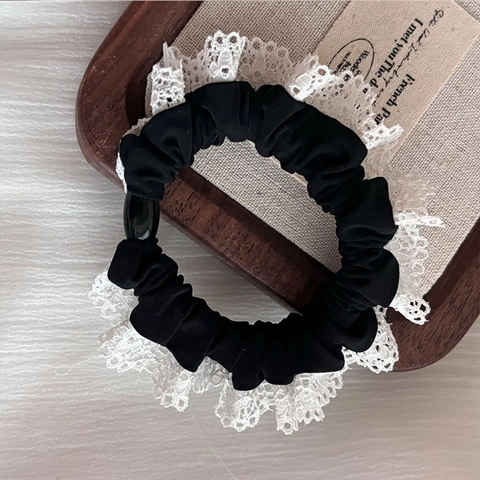 Scrunchie Nero Vintage Francese Con Bordo in Pizzo Bianco Perla Artificiale Elastico Grande Fermacoda Moda Accessori per Capelli Donna