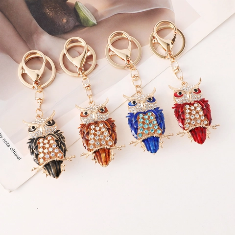 Vintage Owl Metal Keychain Rhinestone Enamel Animal Bag Charm Pendant For Women Luxury Gold Plated Key Ring Jewelry Gift