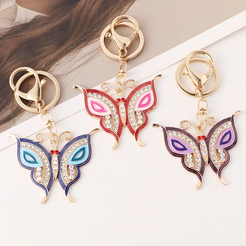 Enamel Butterfly Keychain Alloy Rhinestone Key Ring Cute Insect Bag Charm Jewelry For Women Girls Gift