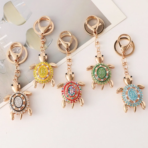 Creative Gold Alloy Sea Turtle Rhinestone Keychain Cute Colorful Enamel Animal Bag Charm Car Accessory Key Ring Gift