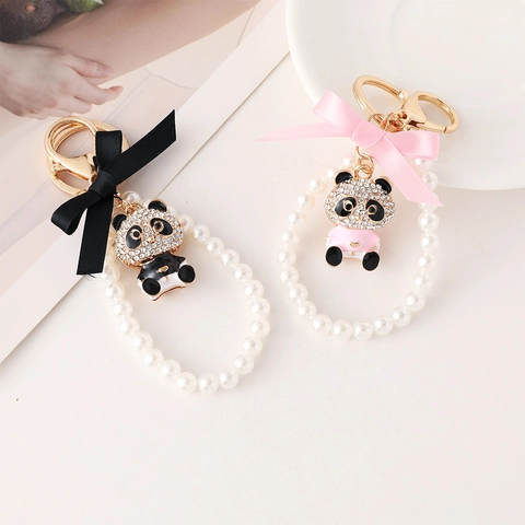 Portachiavi Panda con Strass e Künstliche Perle Con Fiocco in Nastro di Raso Lega Ciondolo per Borsa da Donna Regalo di Gioielli Carini