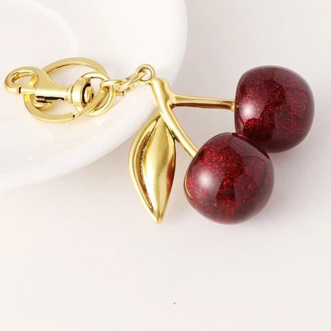 Glitter Resin Cherry Fruit Keychain Gold Zinc Alloy Leaf Bag Charm For Women Car Decoration Pendant Daily Accessories Gift