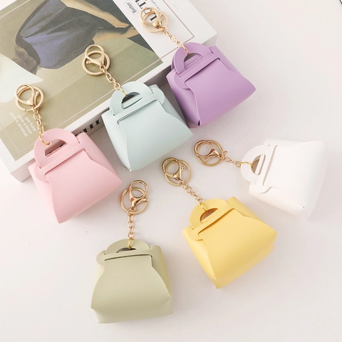 Mini Handbag Keychain PU Leather Fashion Candy Color Earphone Storage Bag Pendant Modern Minimalist Bag Charm Gift For Women