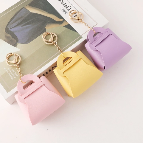Mini Handbag Keychain PU Leather Fashion Candy Color Earphone Storage Bag Pendant Modern Minimalist Bag Charm Gift For Women