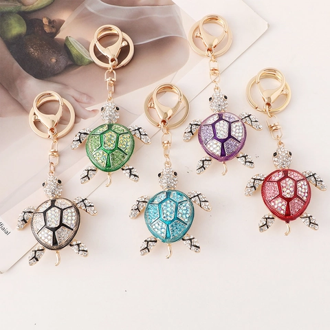 Creative Sea Turtle Rhinestone Keychain Zinc Alloy Enamel Ocean Animal Bag Pendant For Women Car Key Ring Jewelry Gift