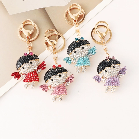 Cute Cartoon Angel Girl Rhinestone Keychain For Women Wings Bow Bag Charm Pendant Zinc Alloy Sparkling Key Ring Gift