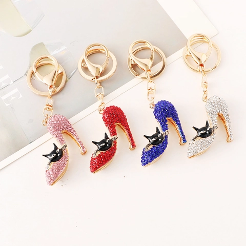 Llavero de Gato con Zapato de Tacón Alto con Diamantes de Imitación de Moda Colgante de Bolso de Metal de Aleación Brillante para Mujeres Niñas Joyería