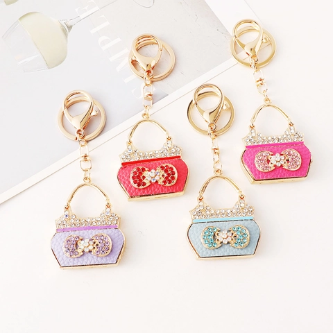 Luxury Mini Handbag Keychain Rhinestone Bow Bag Charm Alloy PU Leather Pendant Key Ring For Women Fashion Jewelry Gift