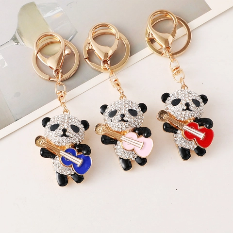 Niedlicher Gitarre Panda Schlüsselanhänger Legierung Strass Emaille Tier Anhänger Auto Schlüsselring Für Damen Schmuck Geschenk