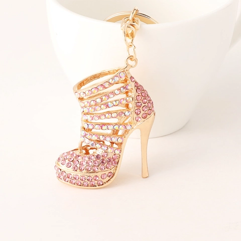 Luxury Rhinestone Hollow High Heel Shoe Keychain Gold Plated Alloy Keyring For Women Bag Charm Fashion Jewelry Gift