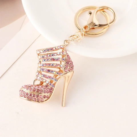 Luxury Rhinestone Hollow High Heel Shoe Keychain Gold Plated Alloy Keyring For Women Bag Charm Fashion Jewelry Gift