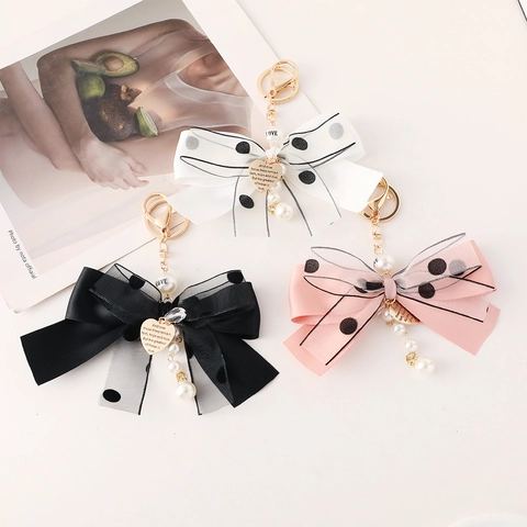 Llavero con Lazo de Malla de Lunares Colgante en Forma de Corazón Con Perla Artificial Diamante de Imitación para Mujer Adorno de Bolso Elegante Llavero