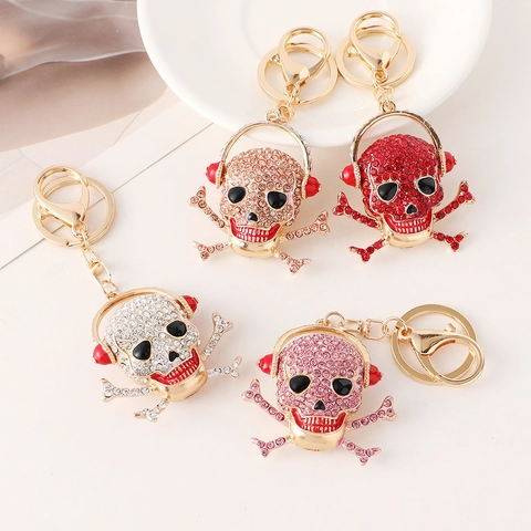 Kreativer Legierung Strass Totenkopf Mit Kopfhörern Schlüsselanhänger Hip Hop Punk Auto Anhänger Halloween Geschenk Für Damen Herren
