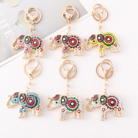 Boheems Olifant Sleutelhanger Kleurrijke Strass Emaille Etnische Stijl Legering Dier Tashanger Auto Sleutelring Cadeau