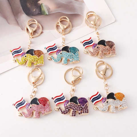 Porte-clés Éléphant de Thaïlande en Alliage Strass Émail Avec Drapeau Porte-clés pour Femmes Hommes Souvenir Décoration Sac