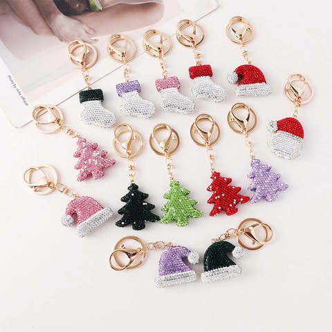 Portachiavi Natalizio Lusso in Lega di Zinco da Donna Con Strass Albero di Natale Cappello Calza Ciondolo per Borsa Gioielli Moda