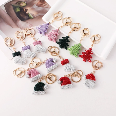 Portachiavi Natalizio Lusso in Lega di Zinco da Donna Con Strass Albero di Natale Cappello Calza Ciondolo per Borsa Gioielli Moda