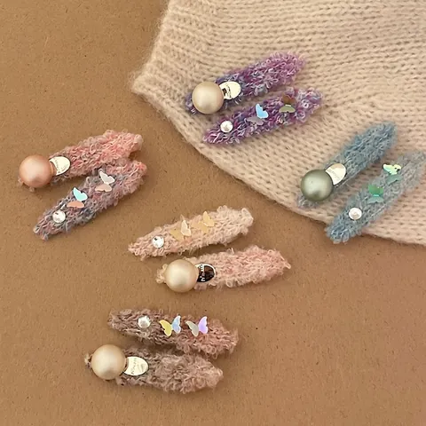 Handmade Butterfly Woolen Yarn Hair Clip For Women Sweet Knit Hairpin With Artificial Pearl Rhinestone Duckbill Clip Hair Accessories