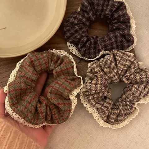 Scrunchie a Quadri in Pizzo Francese Vintage per Donna Autunno Inverno Tessuto Spesso Elastico per Capelli Coda di Cavallo